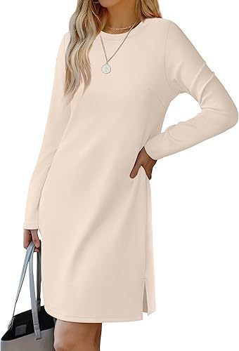Round Neck Slit Hemline Sweater Long Sleeve Dress