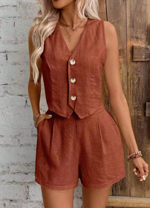 Leisure Commute Linen Front Button Vest And Shorts Suit