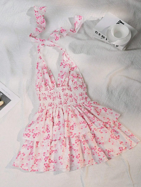 Floral Flounce Backless Halter Neck Dress