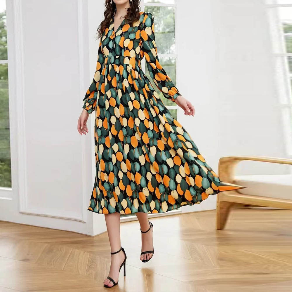 V-neck Long-sleeved Mid-skirt High Waist Button Dress