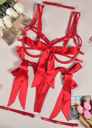Satin Dew Leg Ring Strap Lingerie 4-piece Set