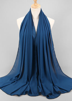 Elegant Women's Monochrome Lace Panel Pearl Chiffon Scarf