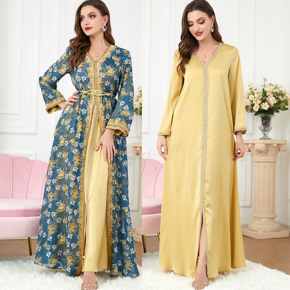 V-neck Golden Flower Set Dress