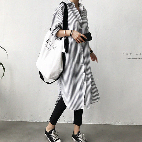 Lazy Cold Style Mid-length Striped Shirt