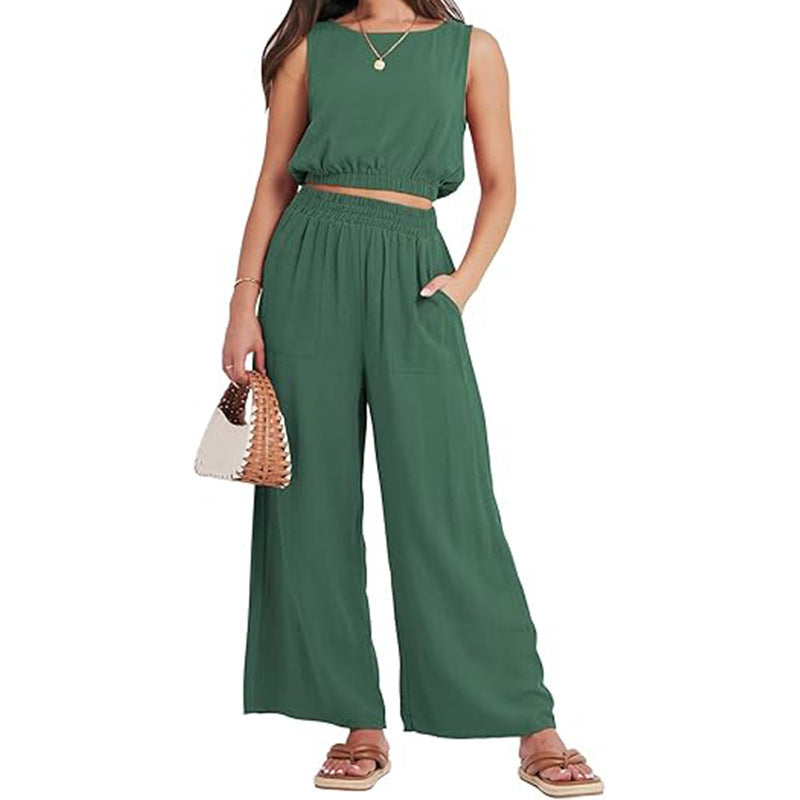 Round Neck Sleeveless Lower Hem High Waist Wide Leg Two-piece Set