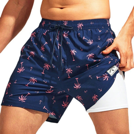 Navy Blue Coconut Tree Beach Trunks