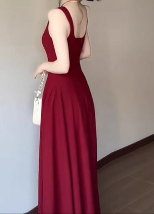 Red Slip Dress Summer French Square Collar