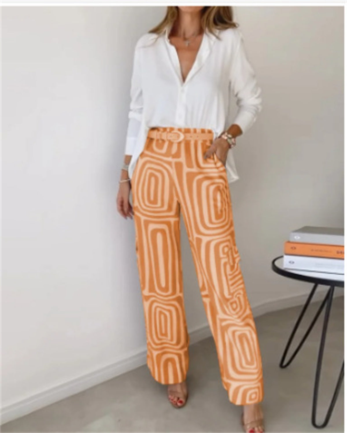 Casual Long-sleeved Lapel Shirt Wide-leg Pants with Belt Suit Set