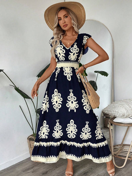 Trim Sleeve Cinched Waist Ruffle Hem A-Line Dress