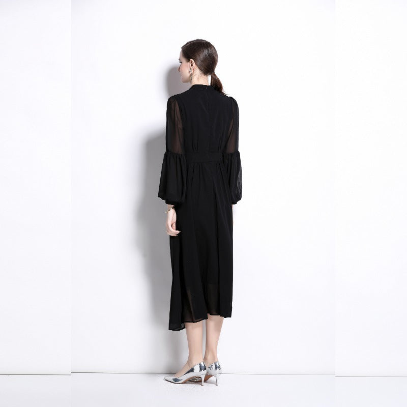 Buckle Pleated Stitching Puff Sleeve Waist-controlled Large Hem Temperament Dress