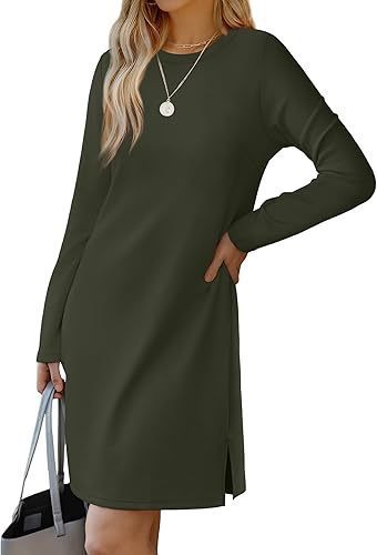 Round Neck Slit Hemline Sweater Long Sleeve Dress
