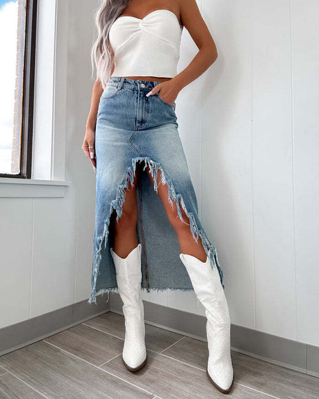 Denim High Waist Irregular Washed-out Skirt