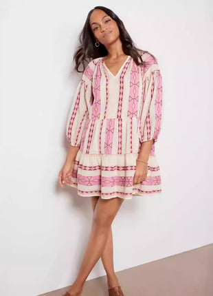 Sleeve V-neck Striped Printed A- Line Skirt Dress