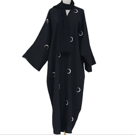 Moon Embroidery Elegant Abaya with Chiffon Headscarf
