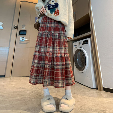 Winter Thickened Plaid Woolen High Waist Skirt