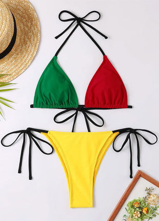 Color Contrast Patchwork Bikini Tether Split Swimsuit