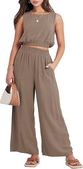 Round Neck Sleeveless Lower Hem High Waist Wide Leg Two-piece Set