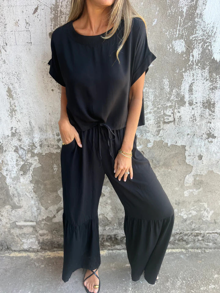 Short-sleeved Round Neck Pullover Top and Drawstring Wide-leg Pants Set