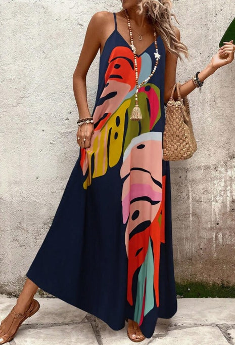 Colorful Leaf Printed Strappy Maxi Dress