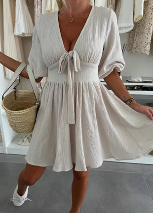 Short Sleeve Casual V-neck Sahara Plaid Dress