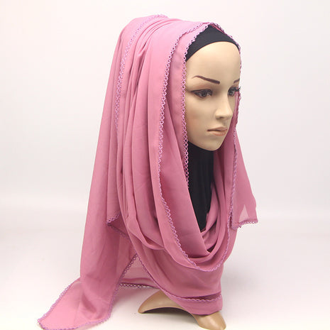 Elegant Women's Monochrome Lace Panel Pearl Chiffon Scarf