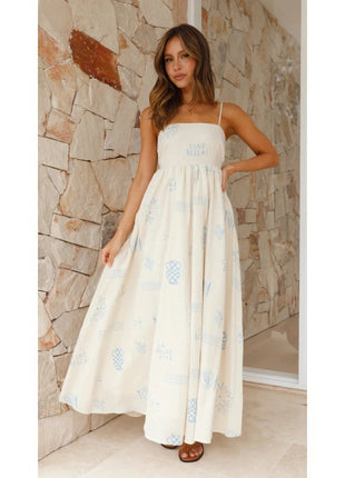 White & Sky-Blue Back Cutout Sling Dress