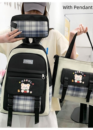 Three-piece Set Large Capacity Plaid Junior Backpack
