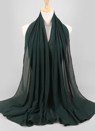 Elegant Women's Monochrome Lace Panel Pearl Chiffon Scarf