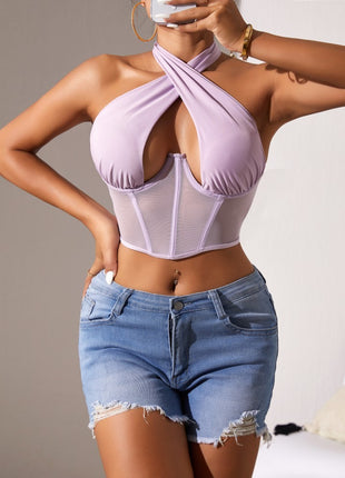 Top Stitching Mesh See-through Cross-halterneck Fishbone