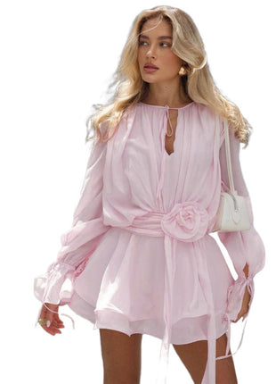 Round Neck Tied Flower Decoration Bell Sleeve Sheath Dress