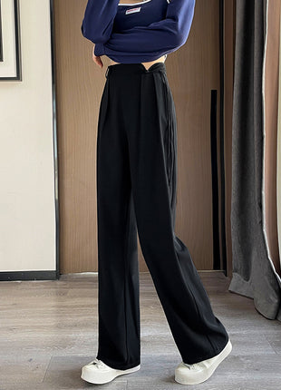 New Style Buckle High Waist Casual Elastic Waist Wide Leg Pants
