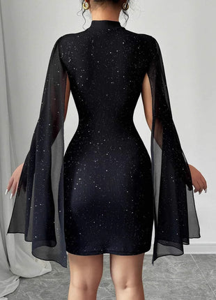 Shiny Turtleneck Lantern Sleeve Skinny Hip Dress
