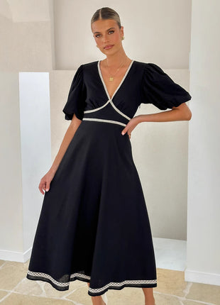 V-neck Stitching Lace Waist-tight Long Dress