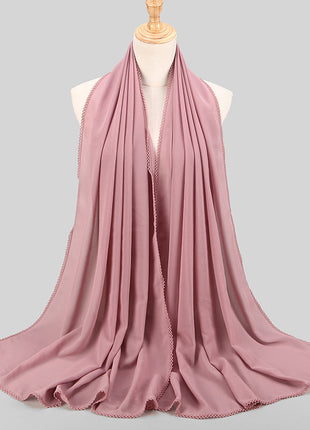 Elegant Women's Monochrome Lace Panel Pearl Chiffon Scarf