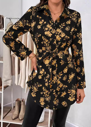 Elegant Floral Belted Long Sleeve Shirt