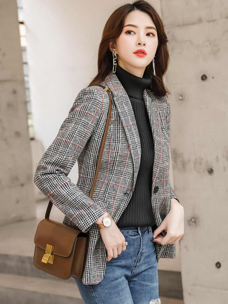 Plaid Suit Waist Slim Fit Trimming Casual Coat