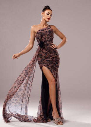 One-Shoulder Leopard Sequined Evening Dress