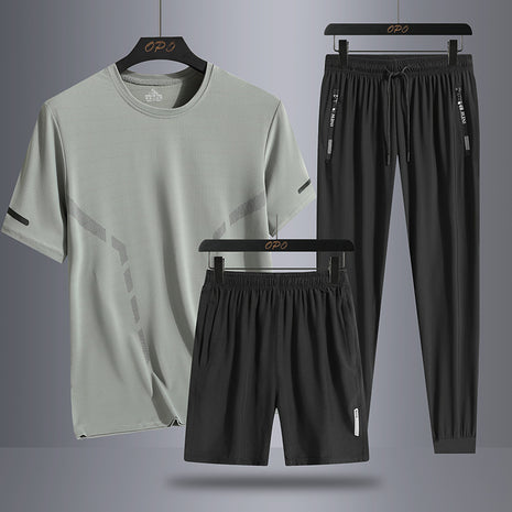 Men's Sports Short Sleeve  Pants Three-piece Thin Breathable