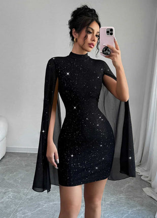 Shiny Turtleneck Lantern Sleeve Skinny Hip Dress