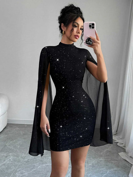 Shiny Turtleneck Lantern Sleeve Skinny Hip Dress