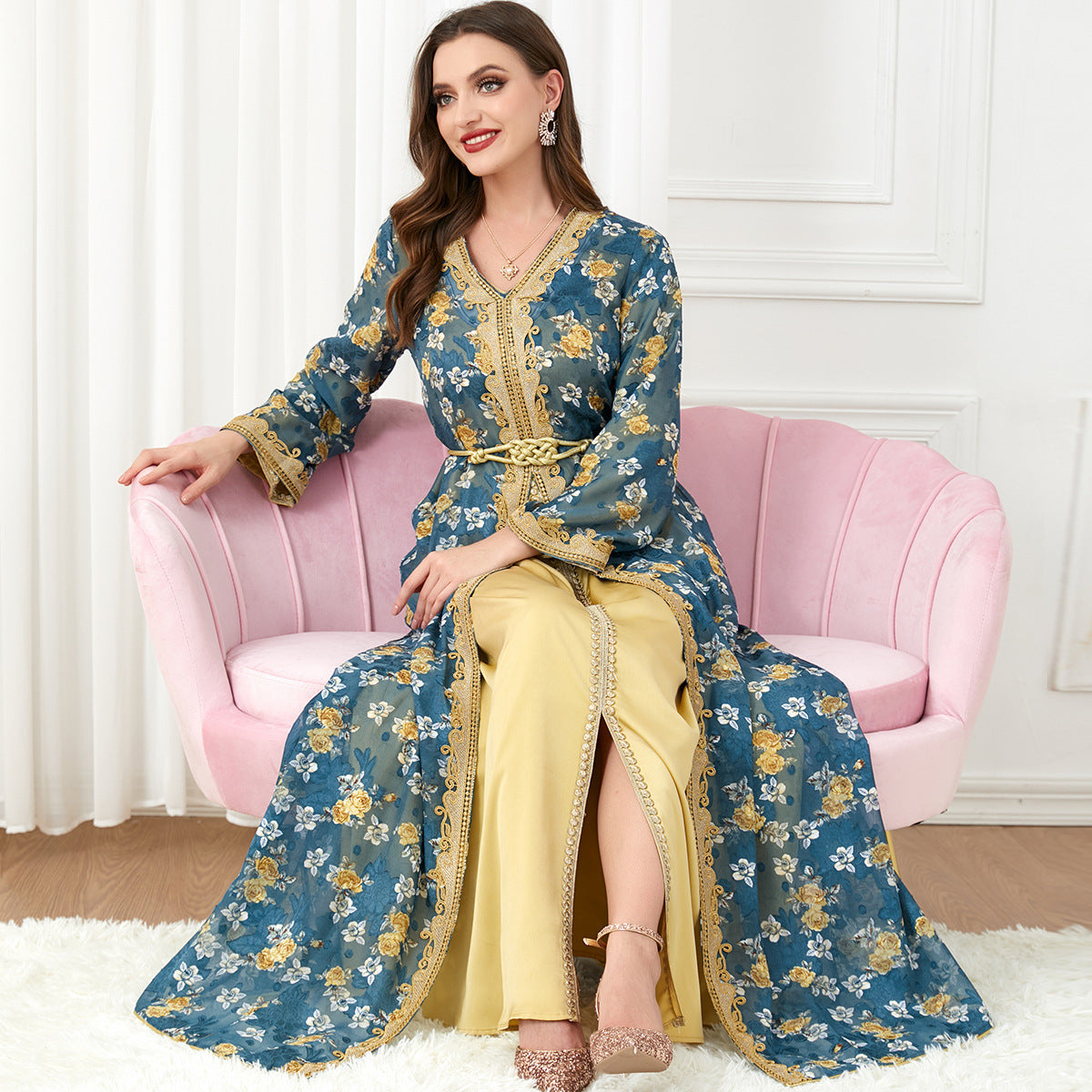 V-neck Golden Flower Set Dress