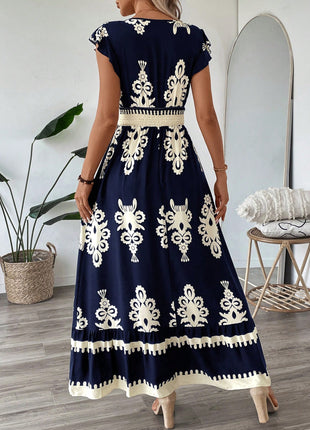 Trim Sleeve Cinched Waist Ruffle Hem A-Line Dress