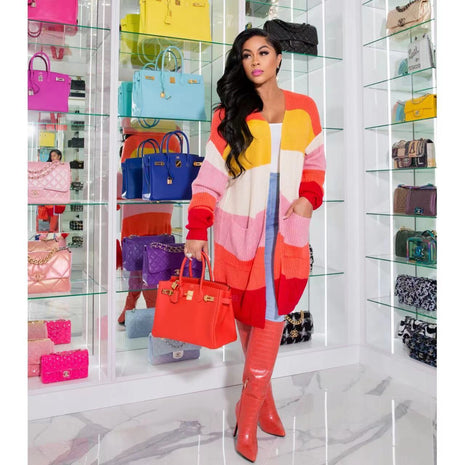 Multi-color Mosaic Knitted Long-sleeved Jacket