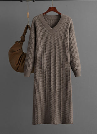 V-Neck Knitted Long Sweater with Back Slit
