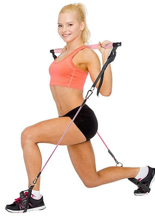 Woman exercising with resistance bands on a white background