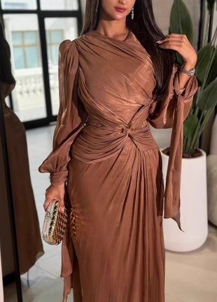 Pleated Ribbon Shiny Evening Dress