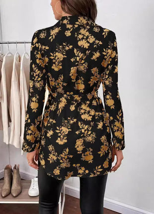 Elegant Floral Belted Long Sleeve Shirt
