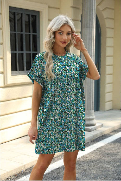 Loose Crew Neck Short Sleeve Pocket Dress