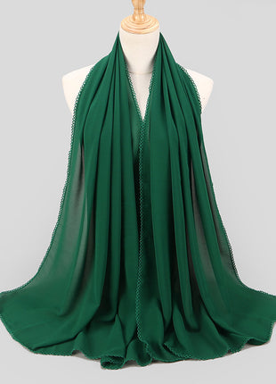 Elegant Women's Monochrome Lace Panel Pearl Chiffon Scarf