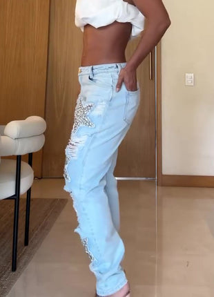 Five-pointed Star Hot Diamond Ripped Jeans